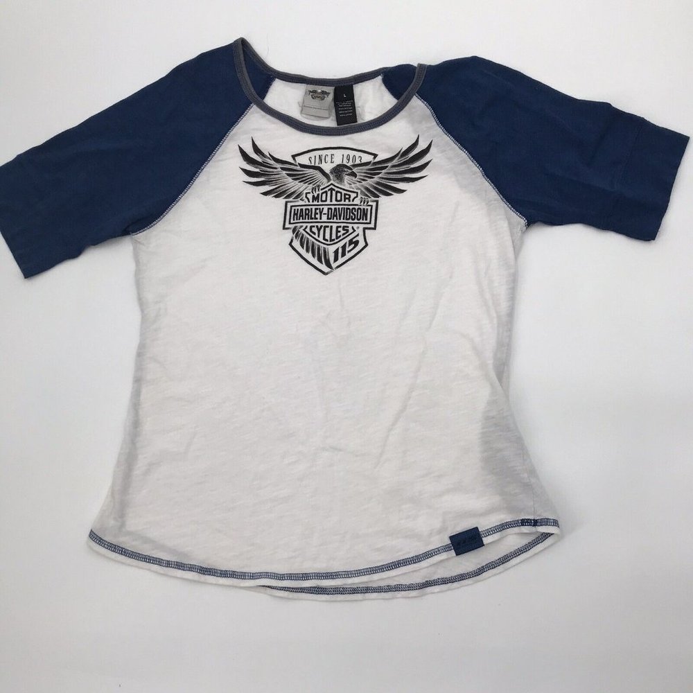 Harley-Davidson Womens Tee Shirt Size L Large Blue Logo Shield Eagle Since 1903
